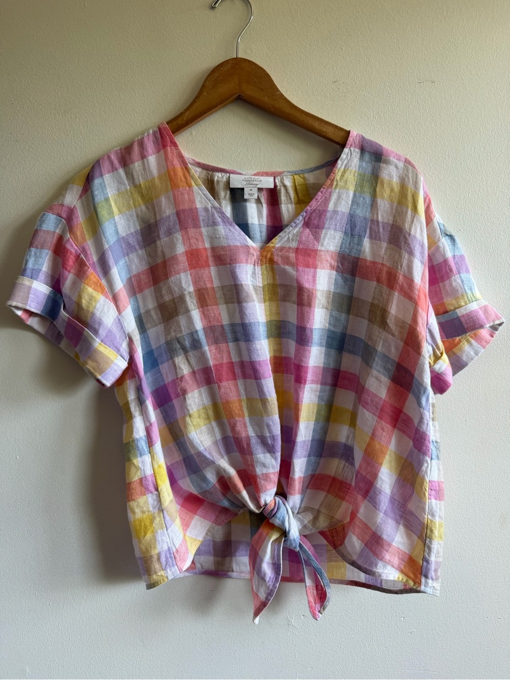 Luxury linen Charter Club Pastel Plaid Tie-Front Crop Top
